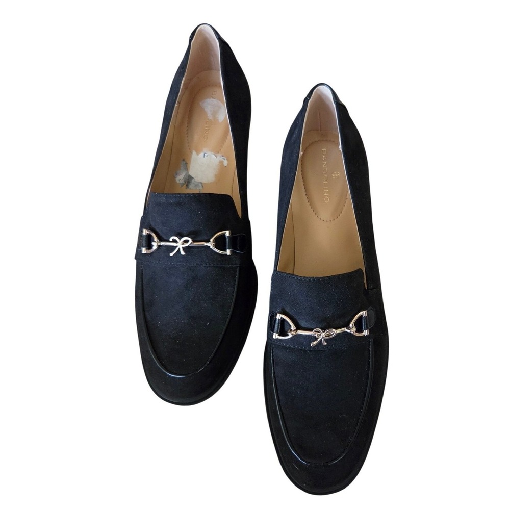 Bandolino Loafers Womens 8.5M Black Excellent Faux Suede Gold Bit Low Block Heel